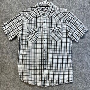 English Laundry Lions Crest Shirt Mens Large Plaid Black Short Sleeve Pearl Snap